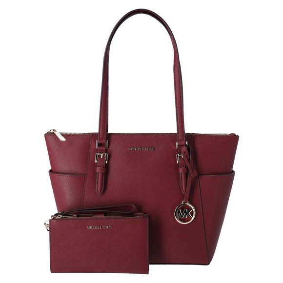 Michael Kors Charlotte Large Top Zip Leather Tote Dark Cherry Leather + Wristlet - Picture 1 of 9